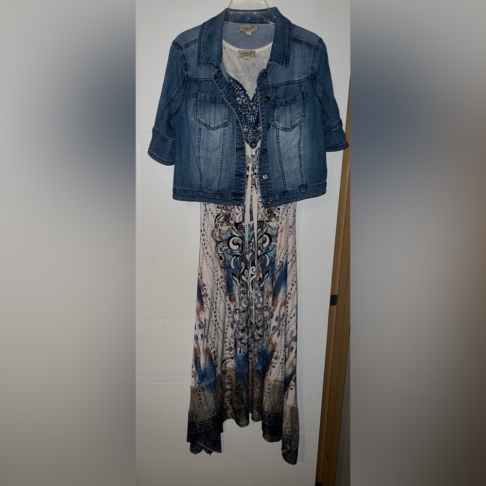 One World Sleeveless Sun Dress with short sleeve denim jacket, size M